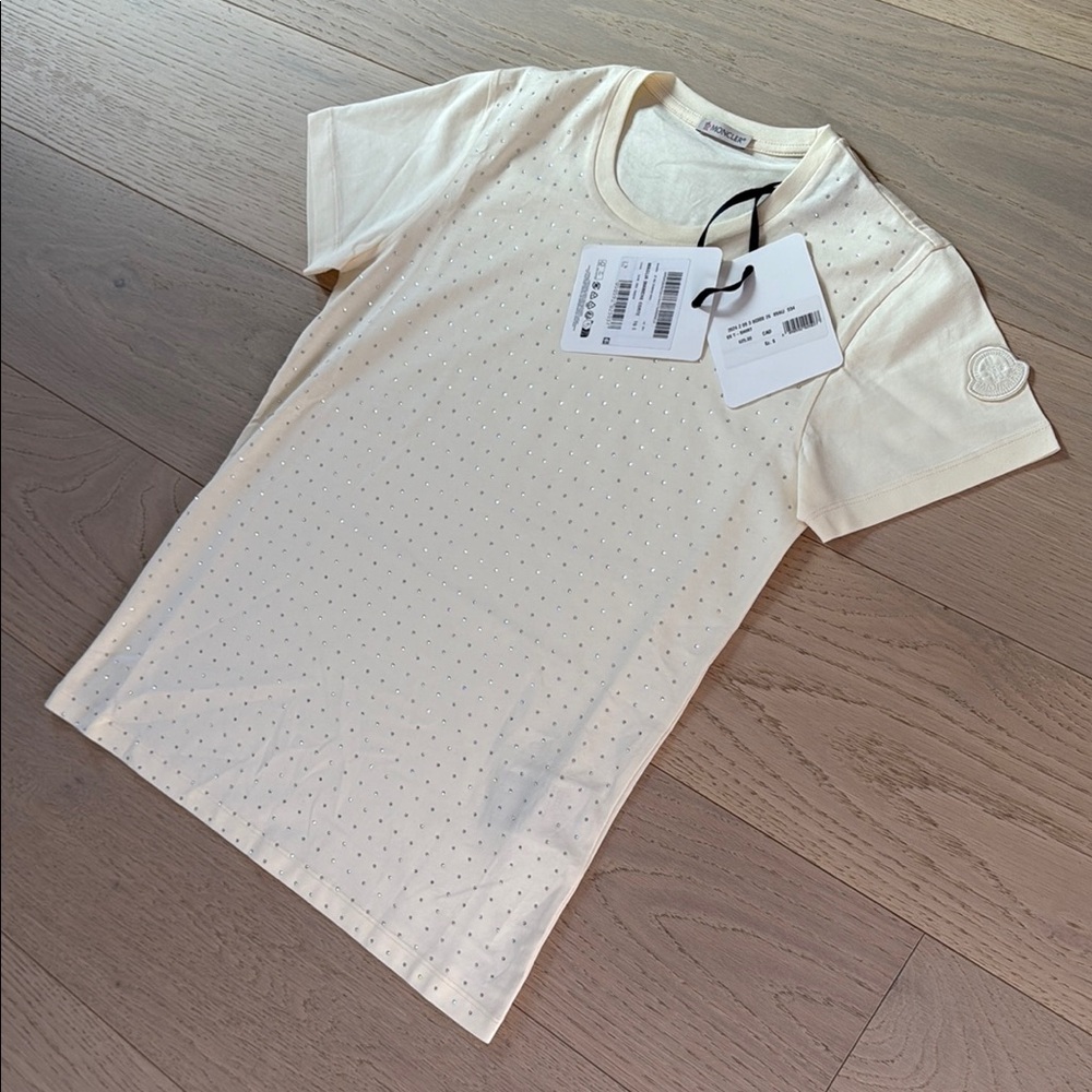 Authentic Moncler women’s Cream T-Shirt with Rhinestones Maglia Maniche Corte